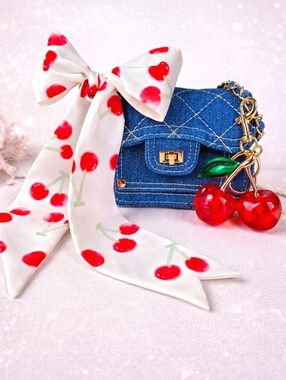 Denim Mini Bag with Cherry Accents and Crossbody Chain NEW